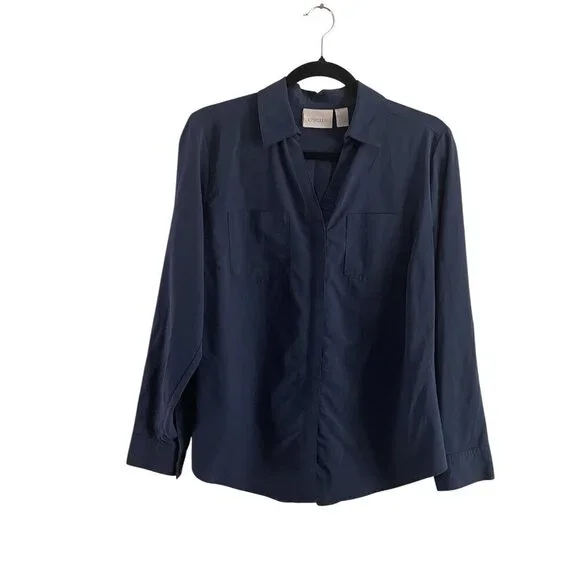 Chicos Women 0/S Blue Roll Tab Sleeves Button Front Silky Soft Relaxed Shirt - Picture 2 of 13